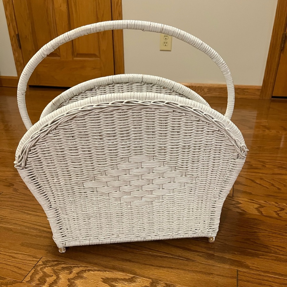 Vintage white wicker magazine holder